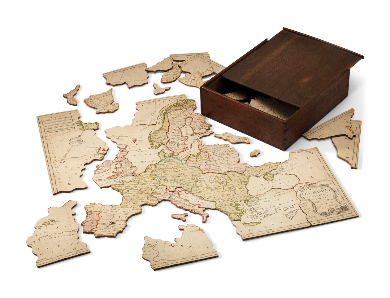 Evropa rozdělená na svá království, kolem roku 1766 (ručně kolorovaný rytý list připevněný na dřevě) od John Spilsbury