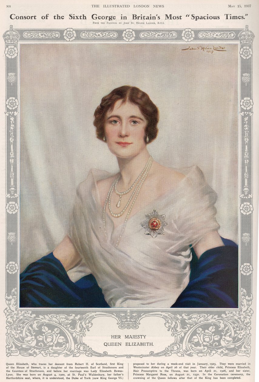 Portrét královny Alžběty (1900-2002) z "The Illustrated London News", 15. května 1937 od John St. Helier Lander