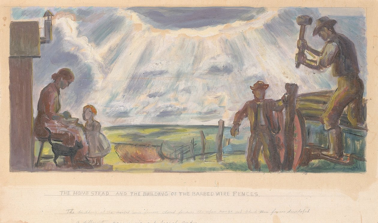 Usedlost a stavba plotů z ostnatého drátu (nástěnná studie pro budovu interiéru, General Land Office, Washington, D.C.) od John Steuart Curry