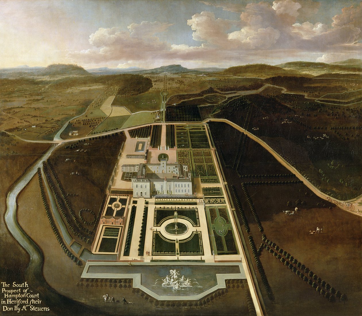 South Prospect of Hampton Court, Herefordshire, kolem roku 1705 od John Stevens