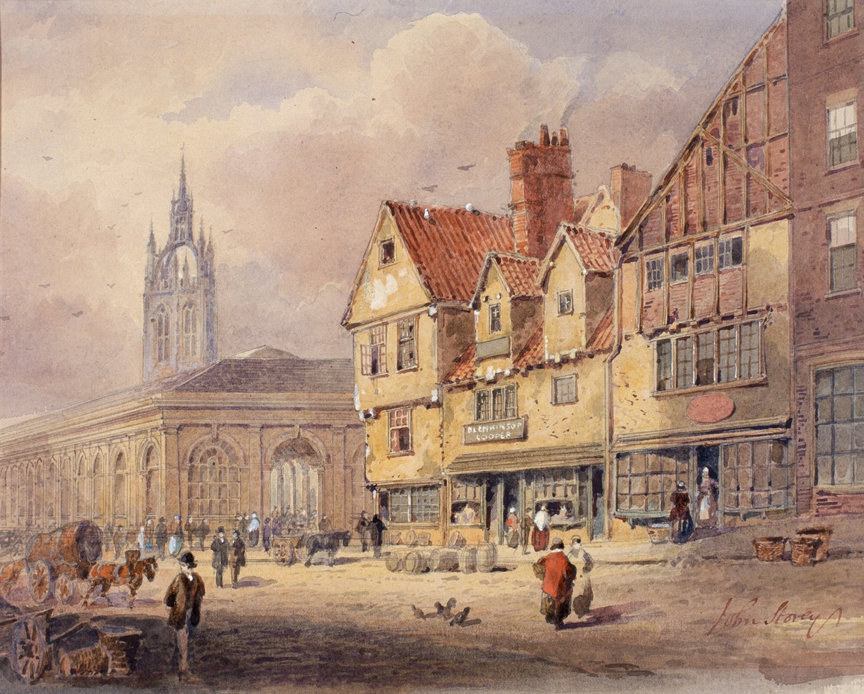 Staré budovy, Union Street a Corn Exchange předtím, než byla postavena radnice (barva karoserie na papíře) od John Storey