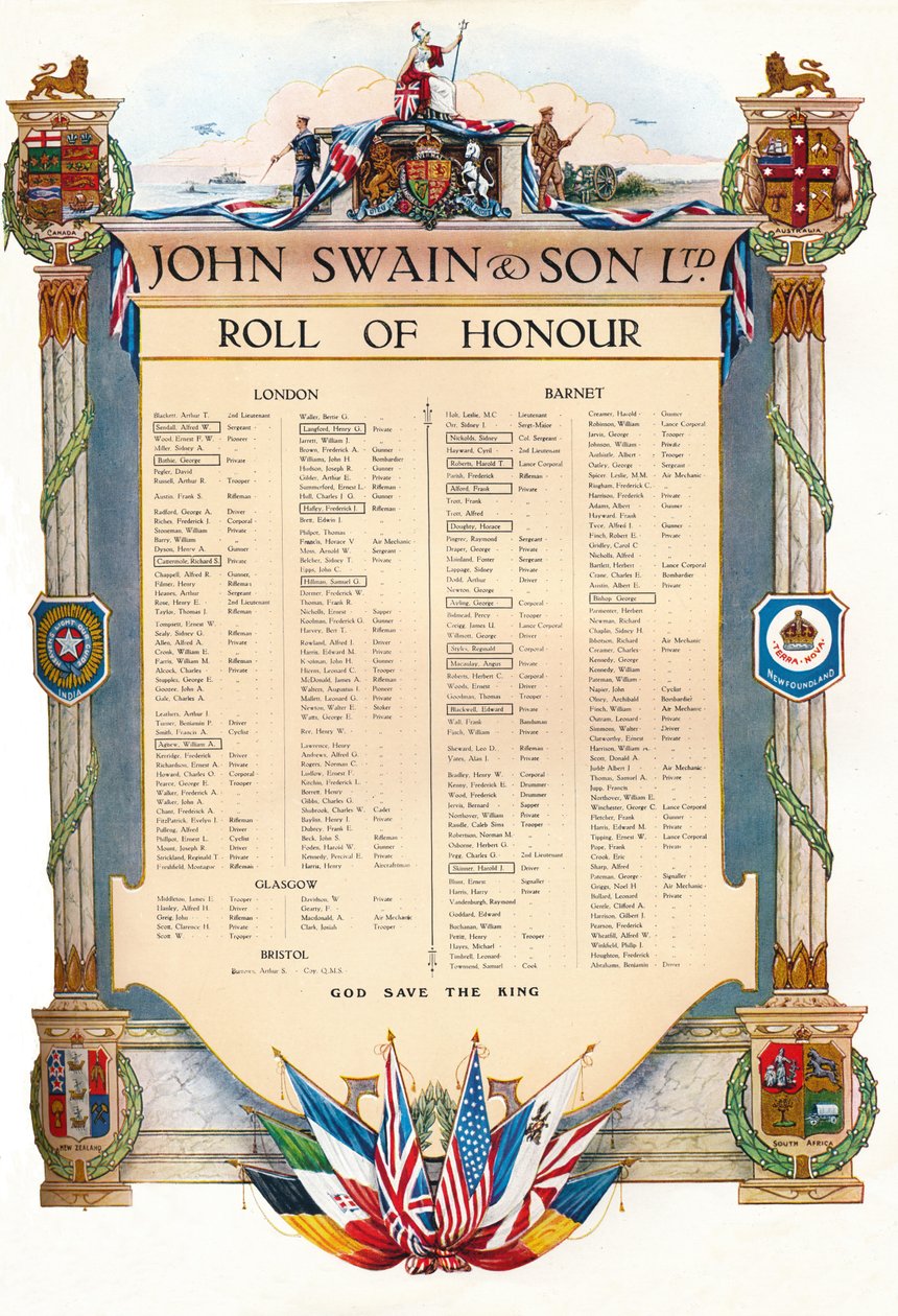 Čestný seznam John Swain & Son Ltd., 1917 od John Swain and Son