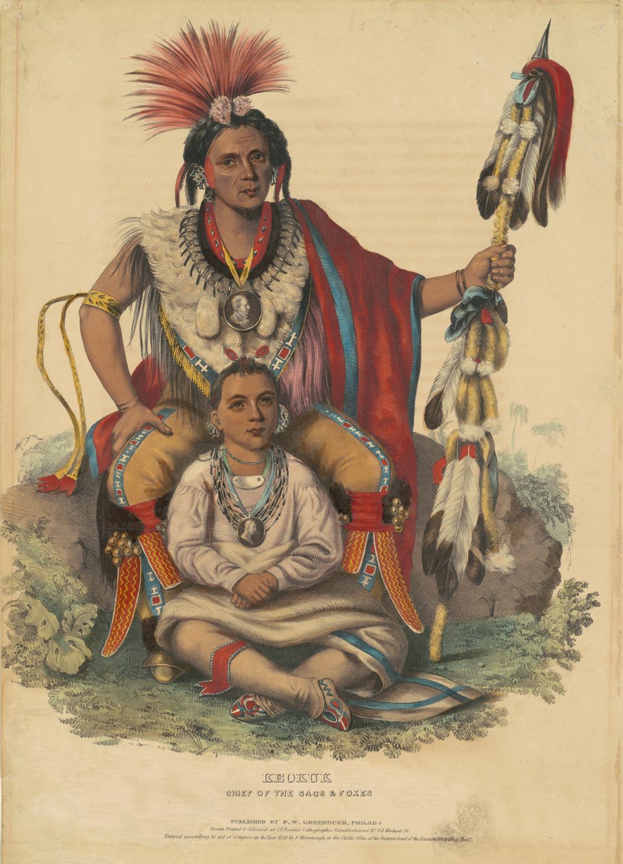Keokuk, náčelník Sacs and Foxes, 1838 (ručně kolorovaná litografie na tkaném papíře) od John T. Bowen