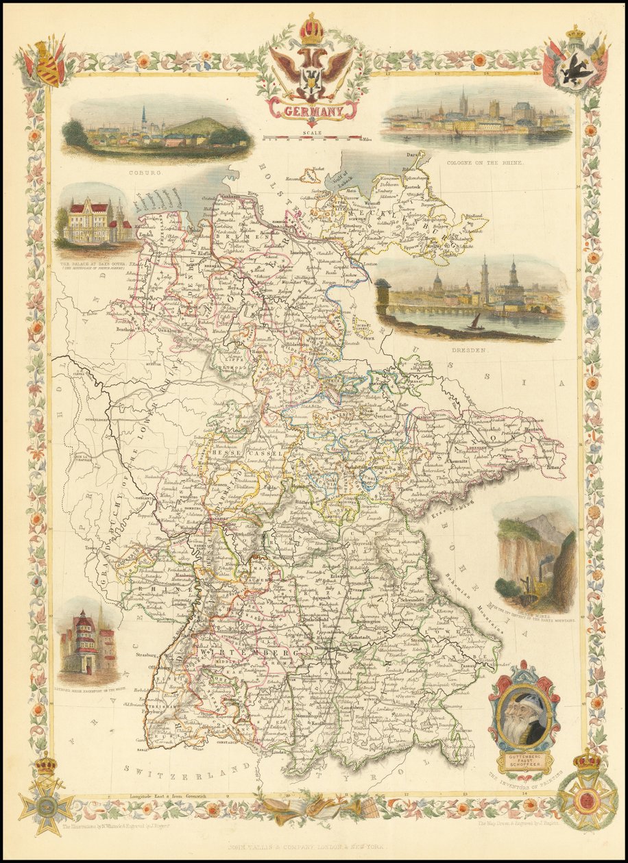 Mapa Německa z roku 1851 od John Tallis