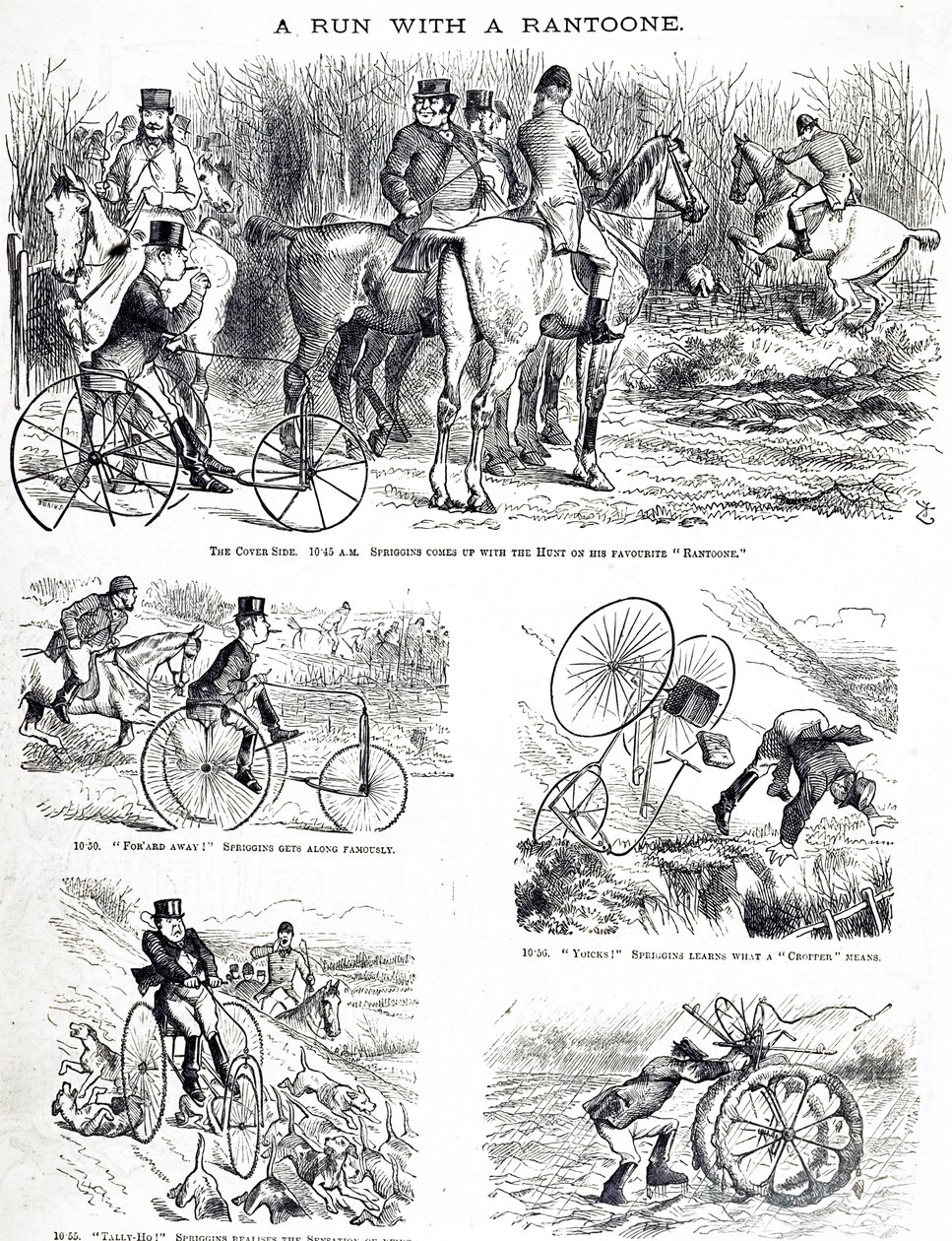 Karikatura zobrazující muže lovícího na tříkolce. Ilustroval John Tenniel (1820-1914), anglický ilustrátor, grafický humorista a politický karikaturista od John Tenniel