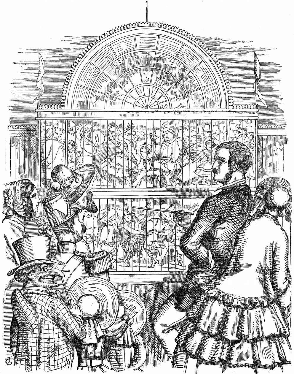 Albert, princ choť královny Viktorie, předvádí Crystal Palace a Velkou výstavu v Hyde Parku v Londýně. John Tenniel karikatura z Punch London 1851. Dřevoryt od John Tenniel