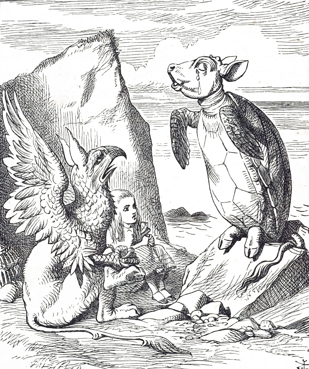 Alice, Mock Turtle a Gryphon z Alenčina dobrodružství v říši divů od John Tenniel