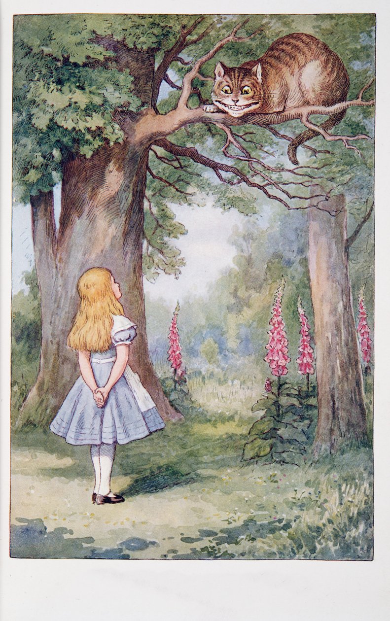 Alenka a kočka z Cheshire, Alenčina dobrodružství v říši divů a skrz zrcadlo a co tam Alenka našla, Lewis Carroll (1832 - 98), vydáno 1911 (barevná litografie) od John Tenniel
