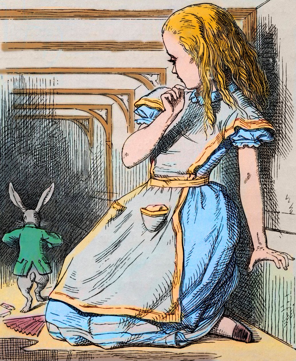 Alice a bílý králík. Ilustrace Johna Tenniela z prvního vydání knihy Lewise Carrolla „Alice