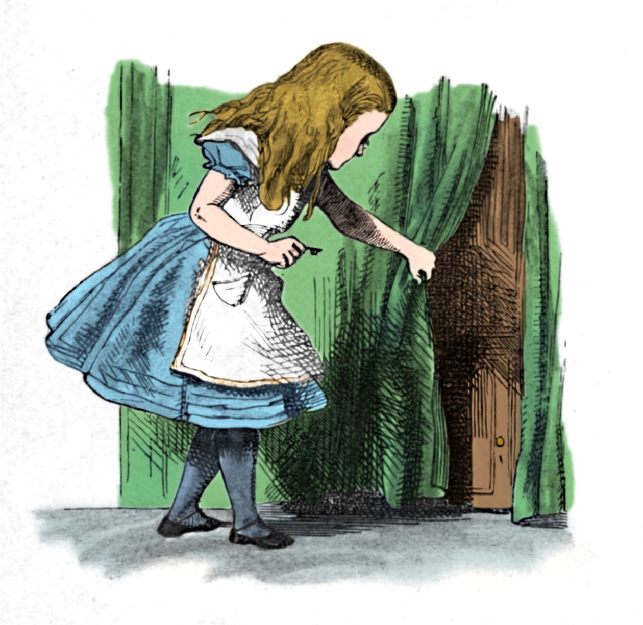 Alice se dívá na malé dveře za závěsem, 1889 od John Tenniel