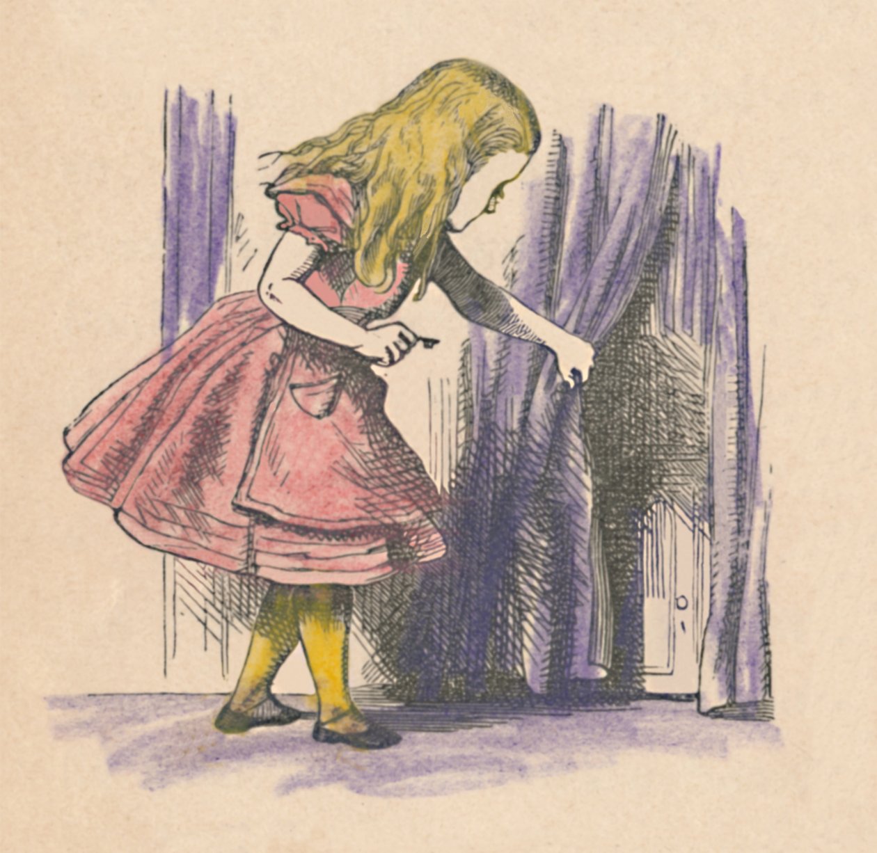 Alice se dívá na malé dveře za závěsem, 1889 od John Tenniel