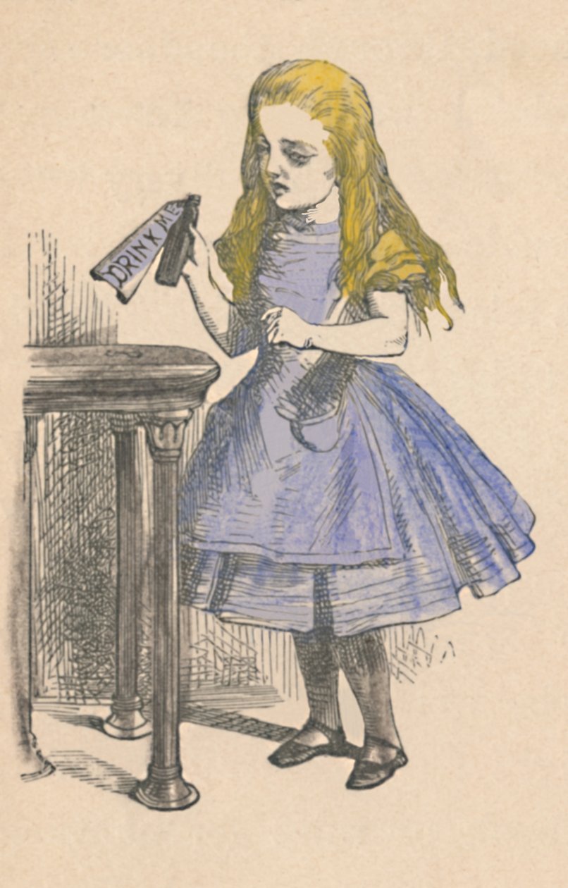 Alice se dívá na láhev s nápisem pij mě, 1889 od John Tenniel
