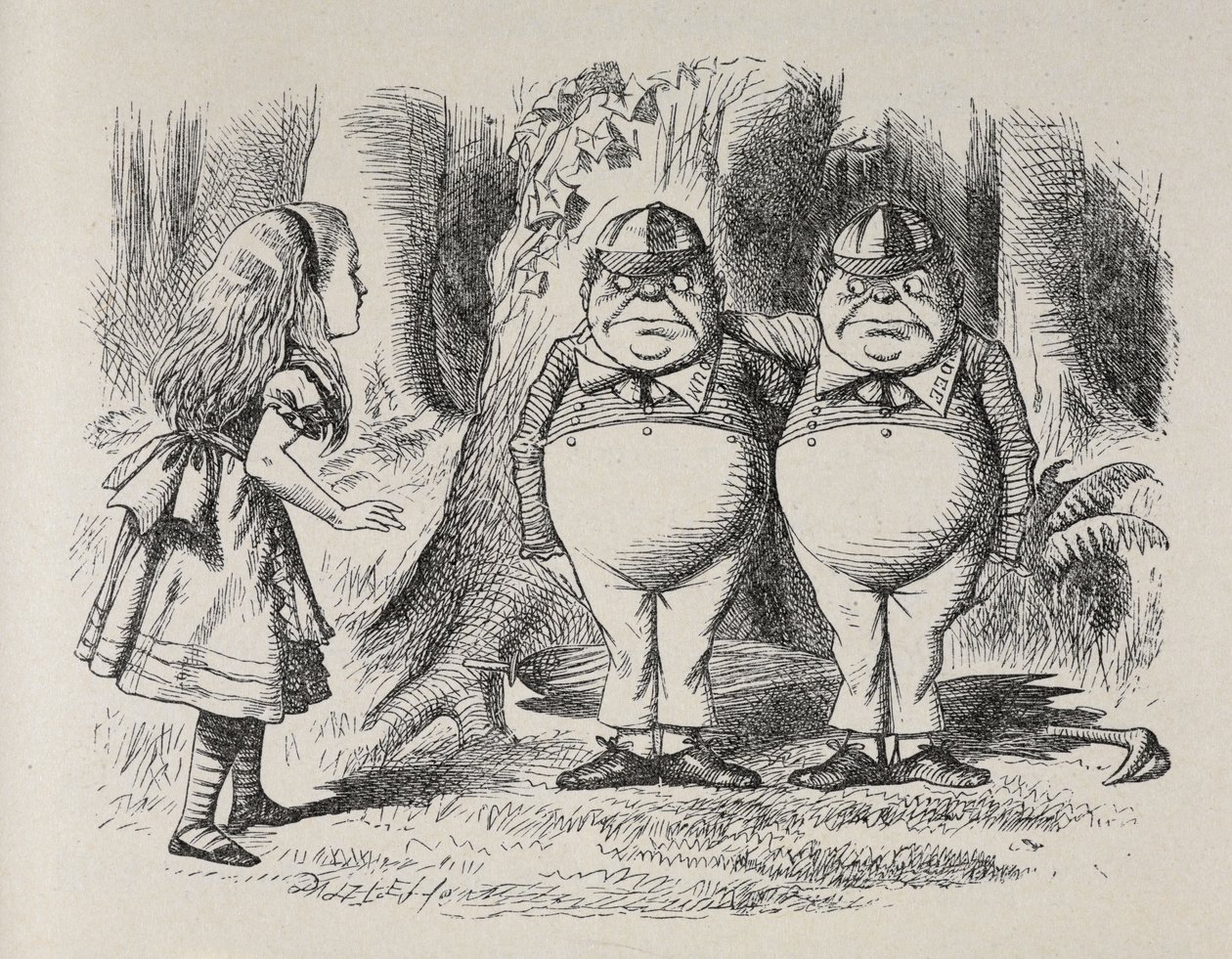 Alice se poprvé setkala s Tweedlem Deem a Tweedlem Dumem. Stáli pod stromem, každý s paží kolem krku druhého, a Alice za chvíli věděla, která je která, protože jeden z nich měl na límci vyšité „Dum“ a druhý „Dee. od John Tenniel