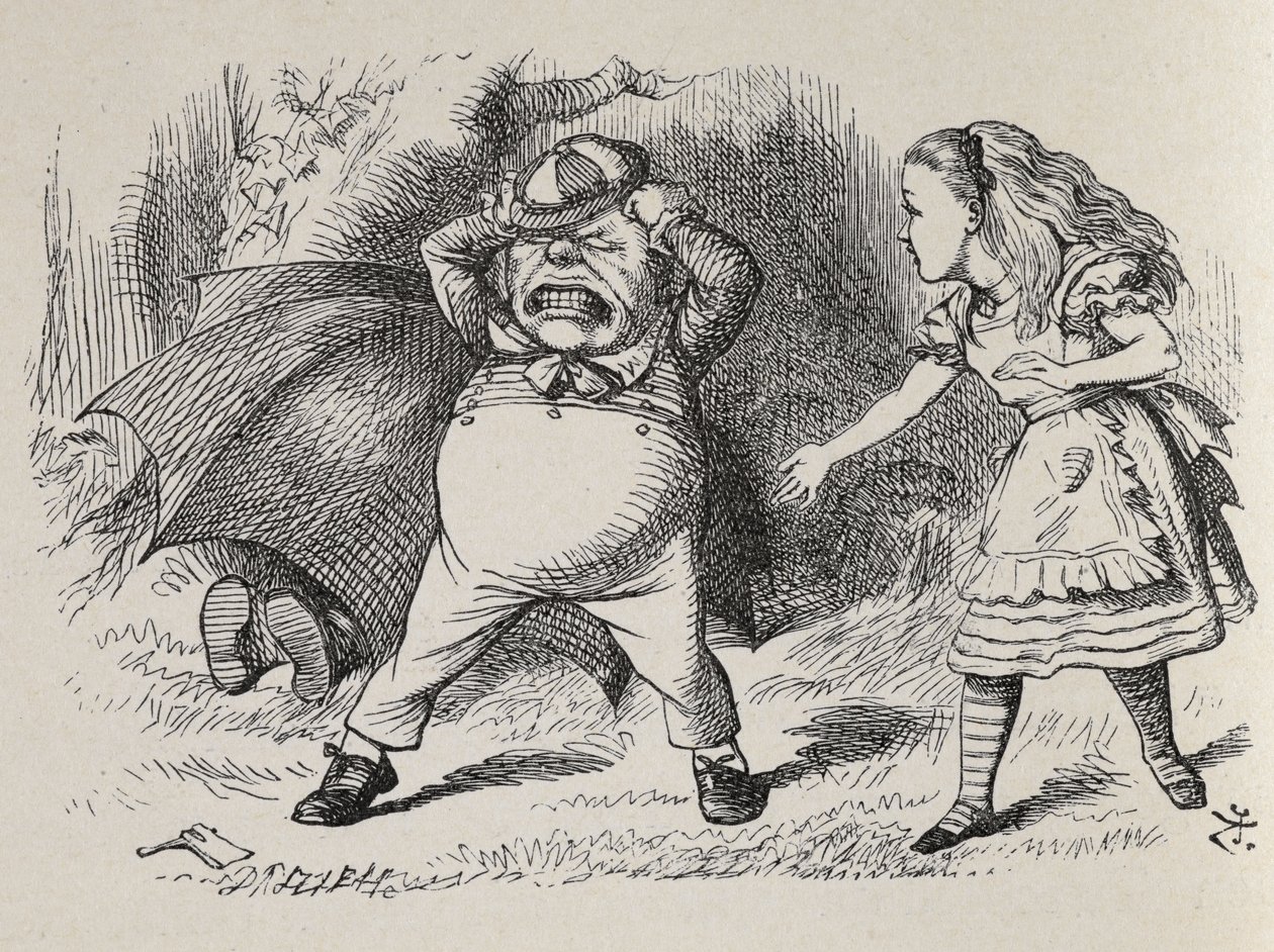 Alice s Angry Tweedledum a skrývající se Tweedledee. od John Tenniel