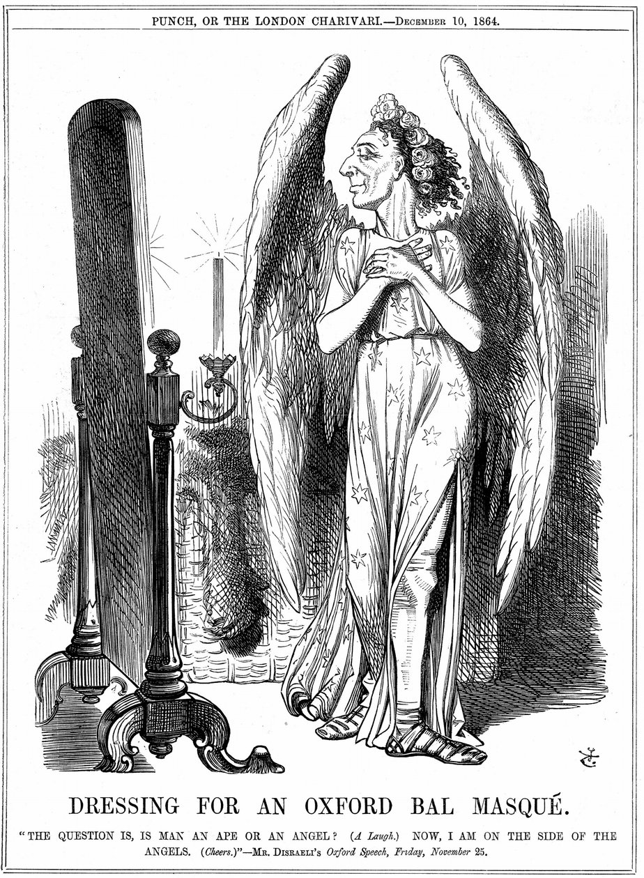 Benjamin Disraeli (1804-81) britský konzervativní státník. "Nyní jsem na straně andělů." John Tenniel karikatura z Punch, Londýn od John Tenniel