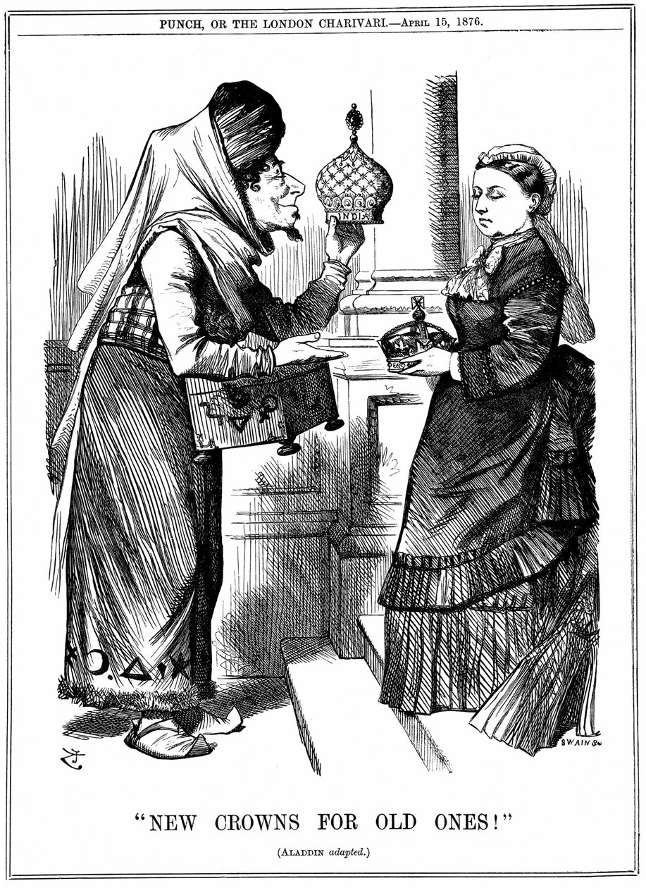 Benjamin Disraeli nabízí korunu Indie královně Viktorii. 1. května 1876 byla prohlášena za indickou císařovnu. John Tenniel karikatura z Punch London 15. dubna 1876 od John Tenniel