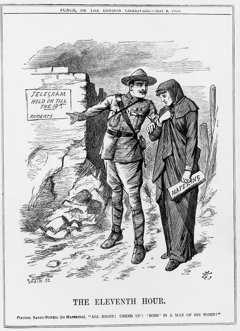 Búrská válka: Baden Powell povzbuzuje Mafekinga, aby vydržel. Lord Roberts slíbil, že je vysvobodí do 18. května. John Tenniel karikatura z Punch 9 května 1900. od John Tenniel
