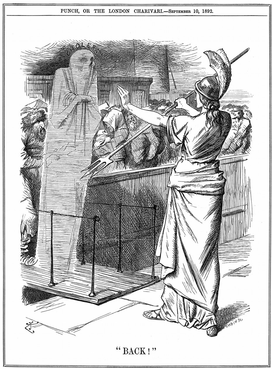 Britannia zadržuje choleru v britských přístavech. Při vypuknutí v roce 1892 zemřelo v Rusku asi 260 000 a v Hamburku 7 600. V Británii se epidemii podařilo zabránit. Karikatura Johna Tenniela z Punch London 10. září 1892. od John Tenniel
