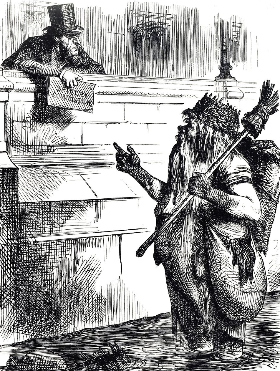 Kreslený komentář o špinavosti Temže a vyšetřování úplatků během voleb v Great Yarmouth, Reigate a Lancaster od John Tenniel