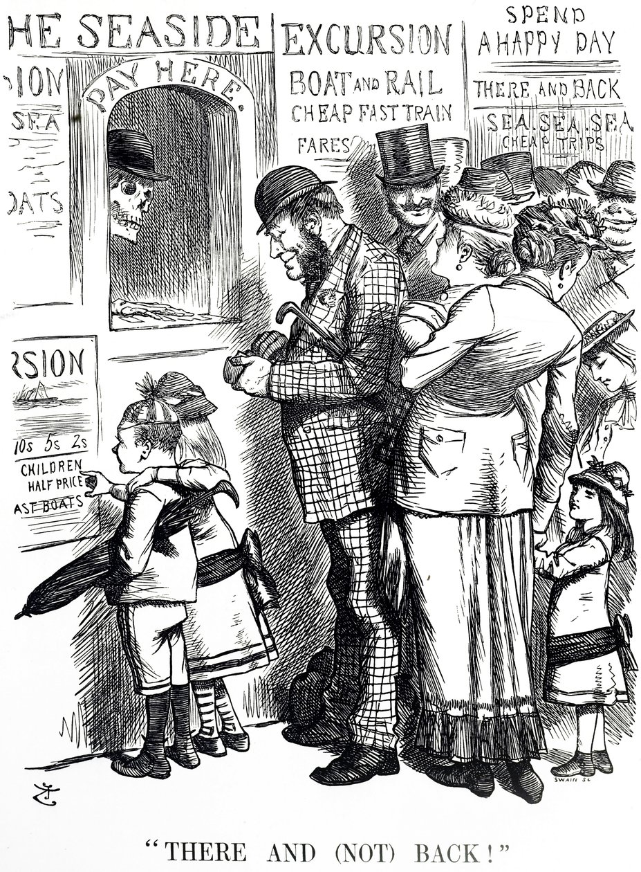 Kreslený komentář k četnosti nehod v přeplněných výletních vlacích od John Tenniel