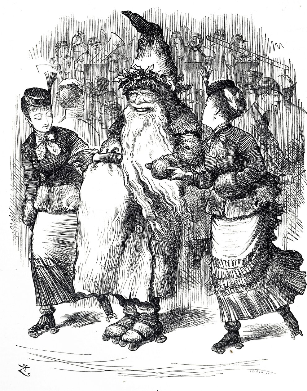 Karikatura zobrazující Otec Vánoc na kolečkových bruslích od John Tenniel