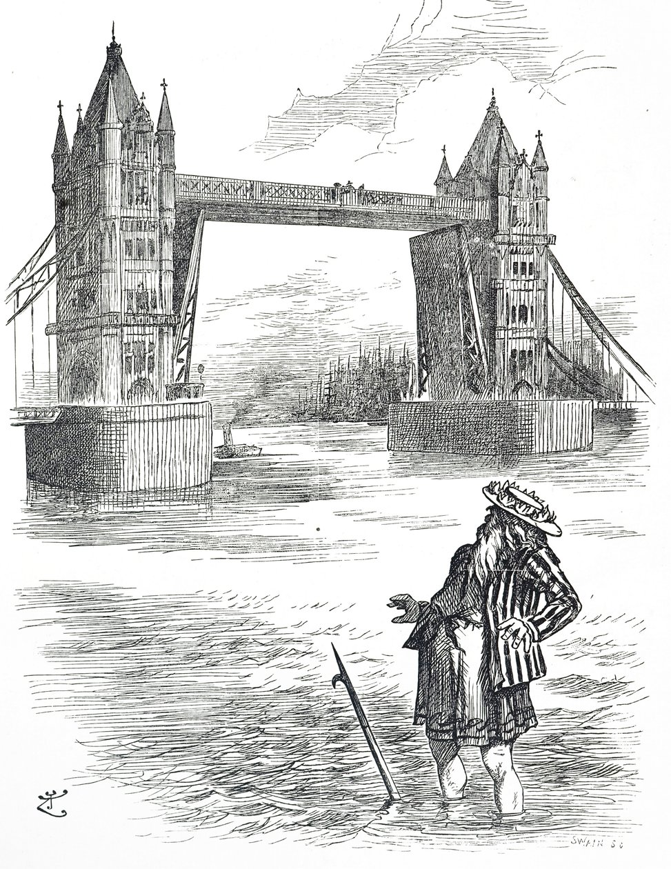 Karikatura zobrazující otce Thamese obdivujícího Tower Bridge v Londýně od John Tenniel