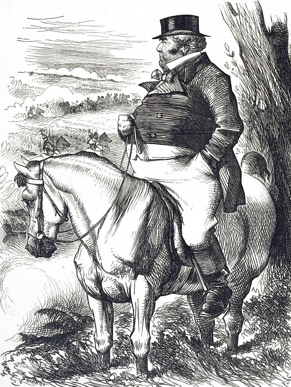 Karikatura zobrazující Johna Bulla, jak sleduje podzimní manévry od John Tenniel