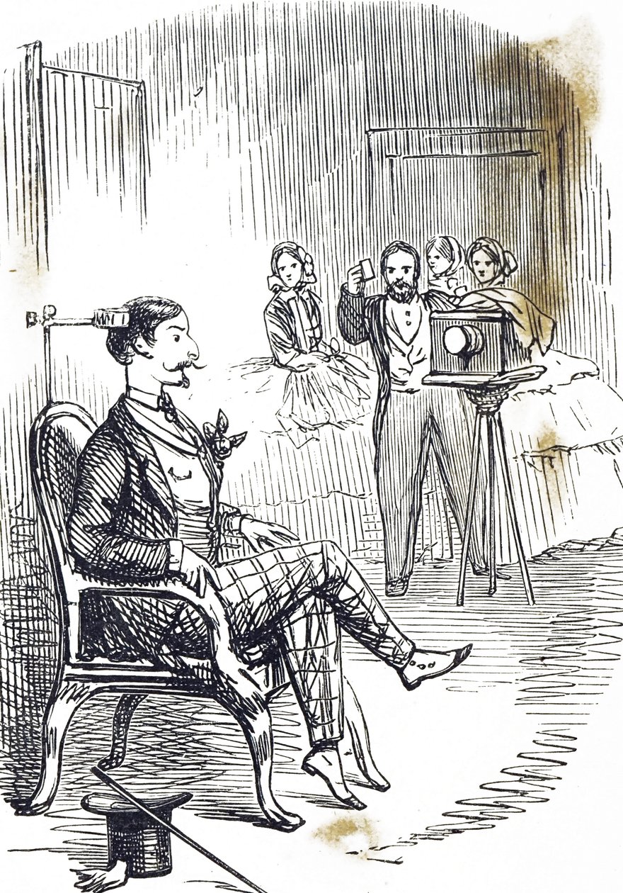 Kreslený film zobrazující svorku hlavy, která se používá k udržení fotografova předmětu v klidu od John Tenniel