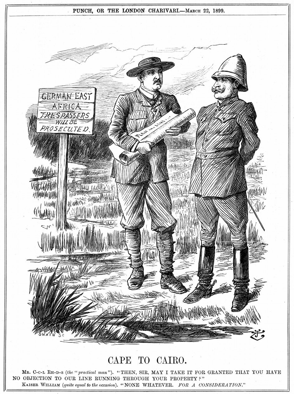 Cecil John Rhodes (1852-1902) Jihoafrický státník anglického původu, žádající německého císaře o povolení vést telegrafní linku přes německou východní Afriku. Cape To Cairo, karikatura od Johna Tenniela z 