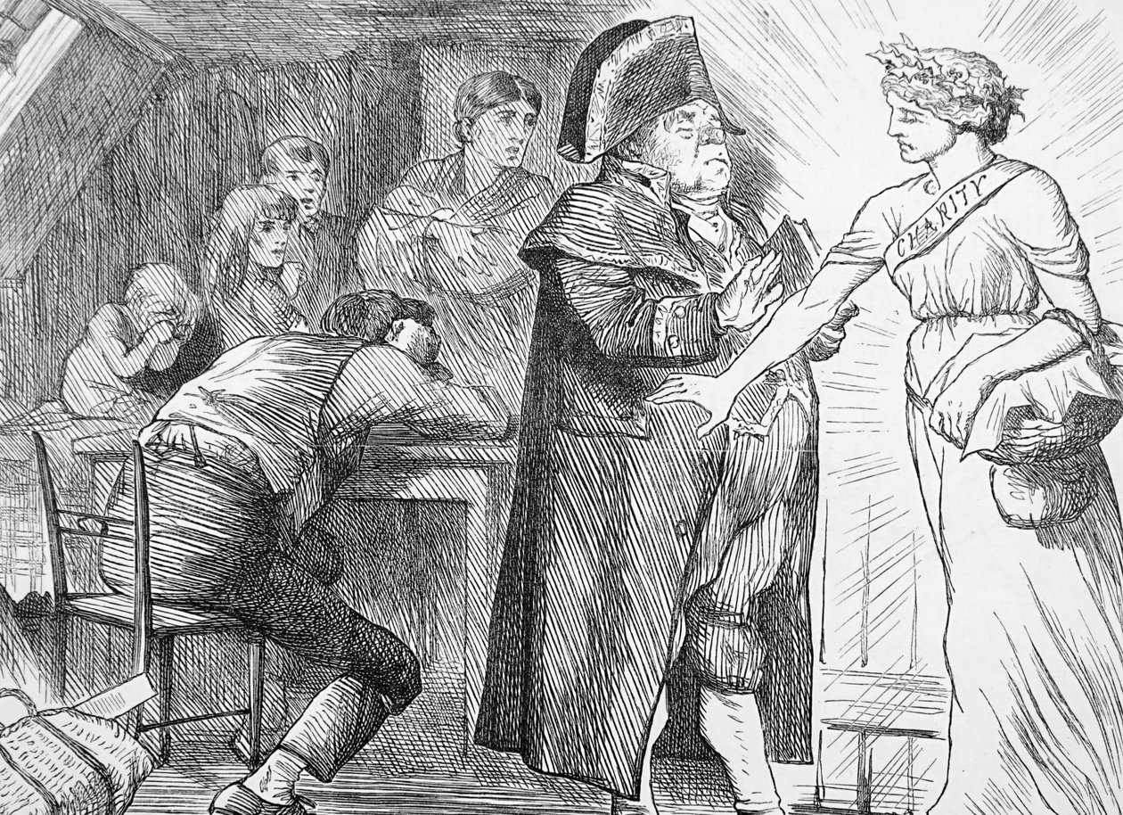 Charita smetla protesty pana Brumbla ve svém odhodlání přinést úlevu chudým rodinám v nouzi od John Tenniel