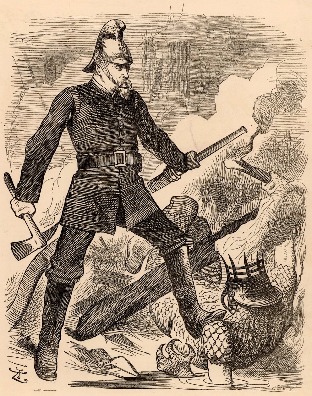 Eyre Massey Shaw bojující s ohněm, z "Punch" Londýn, 20. srpna 1887 (rytina) od John Tenniel