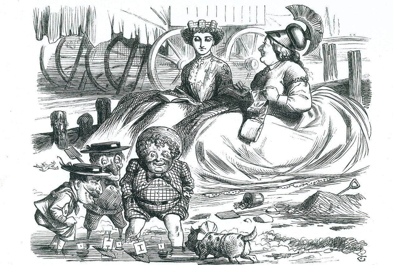 Francie a Británie sledují děti (John Bull, pan Punch a Napoleon III). Letos to bylo 50 let míru mezi Francií a Británií a začátek Entente Cordiale. Karikatura Johna Tenniela z 
