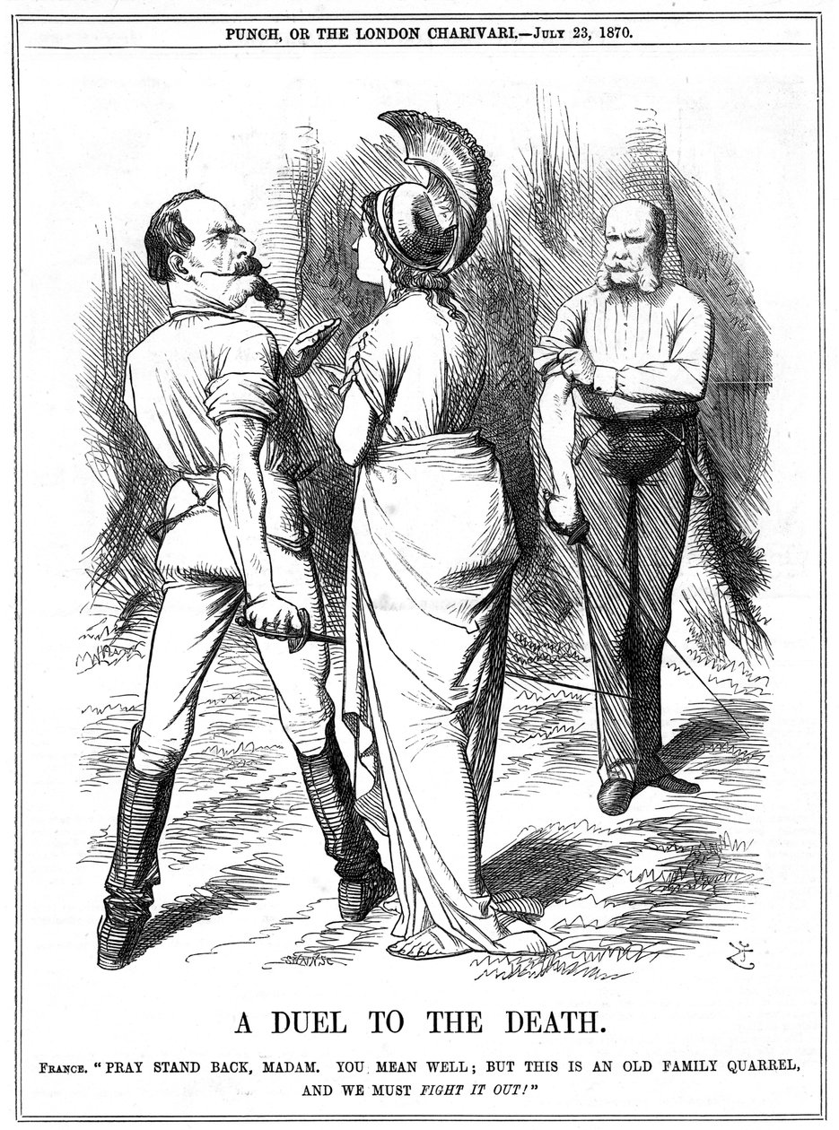 Francouzsko-pruská válka 1870-1871: Britannia se snaží zabránit Napoleonovi III v zahájení války s Německem. Francouzská deklarace doručena do Berlína 19. července, proklamace 23. července. John Tenniel karikatura z Punch, Londýn, 23. července 1870. Rytina od John Tenniel