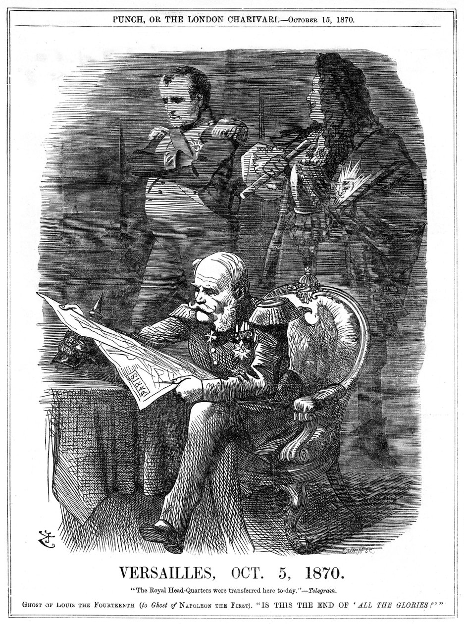Francouzsko-pruská válka 1870-1871: Odstíny Ludvíka XIV. a Napoleona I. naříkající nad uvadající slávou Francie. 5. října 1870 pruský král Wilhlem I. učinil Versailles svým sídlem a 18. ledna byl v Zrcadlové síni prohlášen německým císařem. od John Tenniel