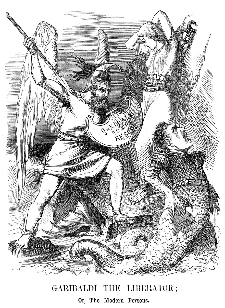 Giuseppe Garibaldi, dobytí Sicílie a Neapole pro nové království Itálie, 1860 od John Tenniel