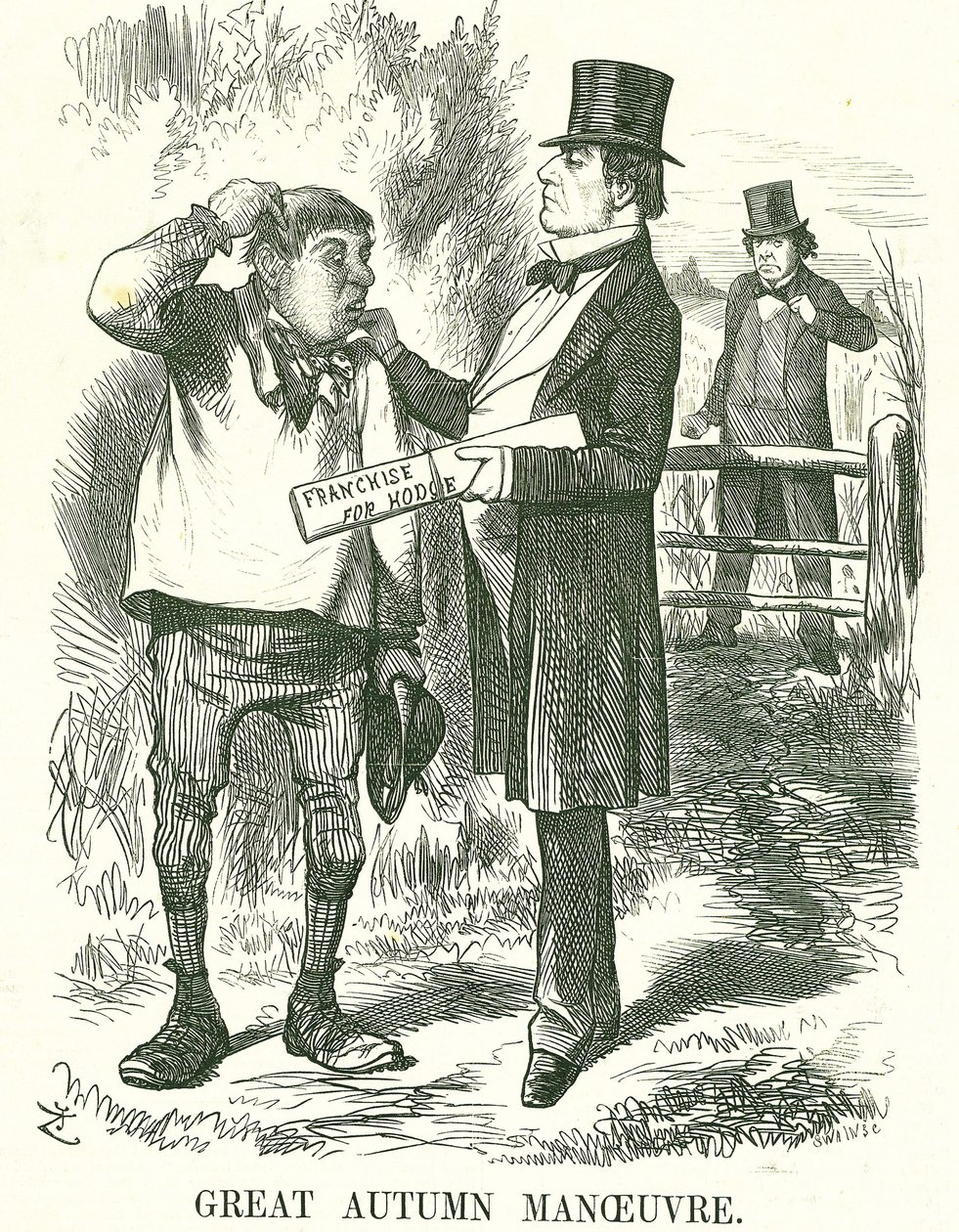 Great Autumn Manoeuvre: Gladstone si myslel, že nakonec musí být hlas udělen zemědělským dělníkům (Hodge). V této době byl jeho premiérský úřad nejistý a Disraeli čeká, až zaujme jeho místo. John Tenniel karikatura z Punch, Londýn, 9. srpna 1873. od John Tenniel
