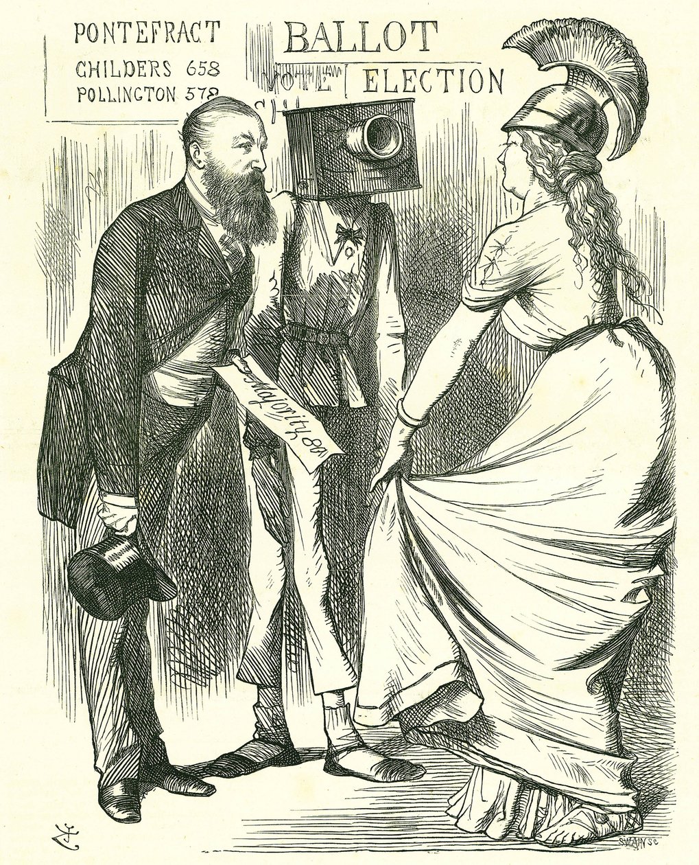 Hugh Childers (1827-1896) britský poslanec, vyprávějící Britannia o úspěchu nové volební urny. Karikatura Johna Tenniela z 