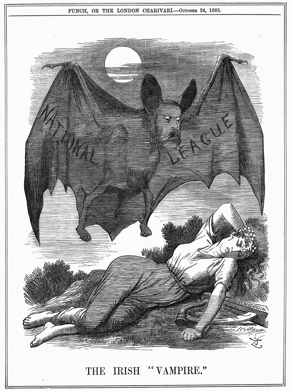 Irská národní liga s tváří Charlese Stewarta Parnella (1846-1891), zobrazená jako upír lovící Irsko. John Tenniel karikatura z Punch London, 24. října 1885. Rytina od John Tenniel