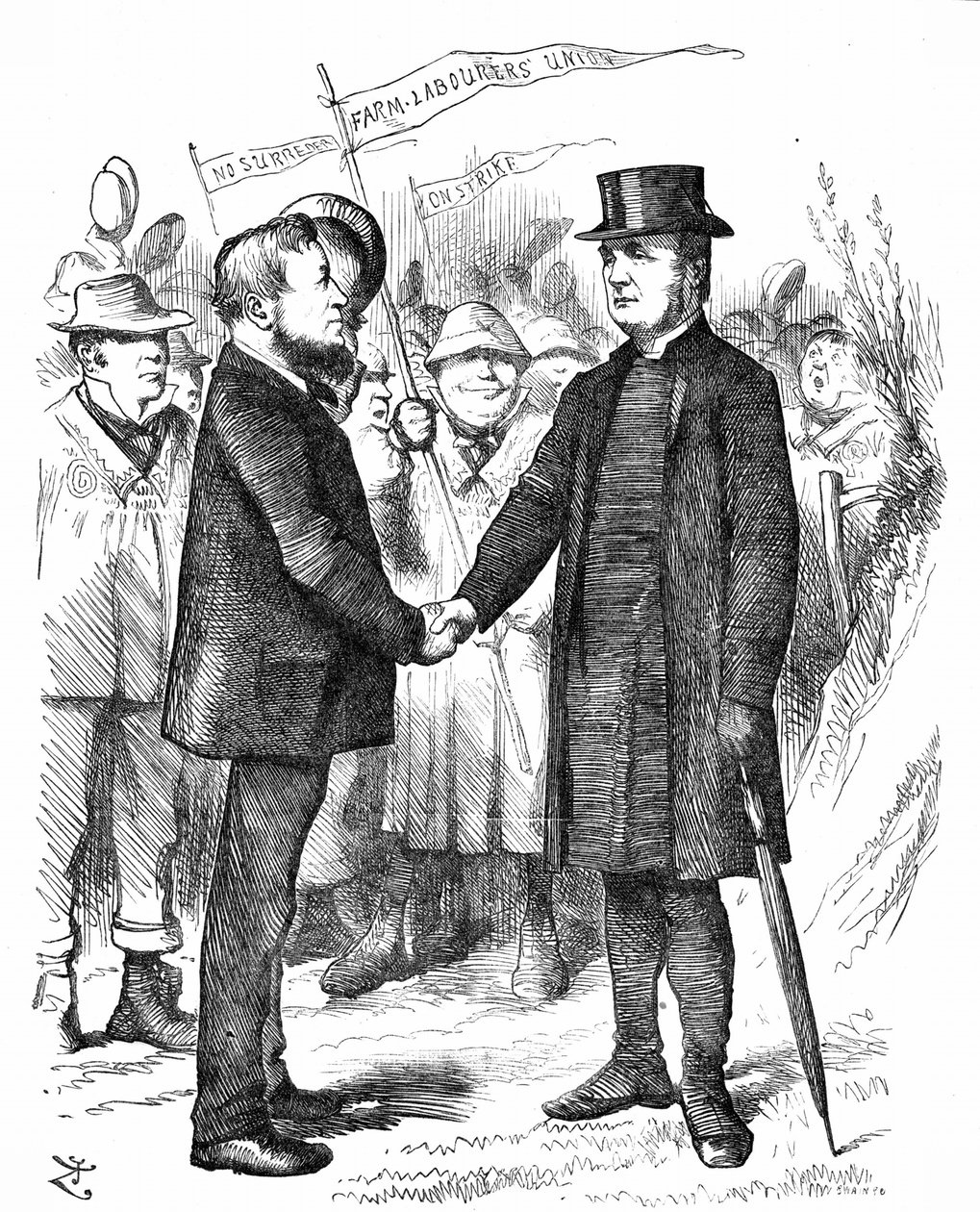 Joseph Arch (1826-1919) anglický odborář, politik a zemědělský dělník. Zakladatel Národního svazu zemědělských dělníků. Arch pozdravuje biskupa z Manchesteru, který podpořil Unii v dopise The Times. Karikatura Johna Tenniela z Punch London od John Tenniel