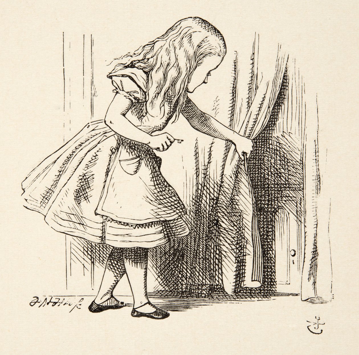 Pohled za oponu, z knihy Alenčina dobrodružství v říši divů od Lewise Carrolla (1832 - 98), vyd. 1891 od John Tenniel
