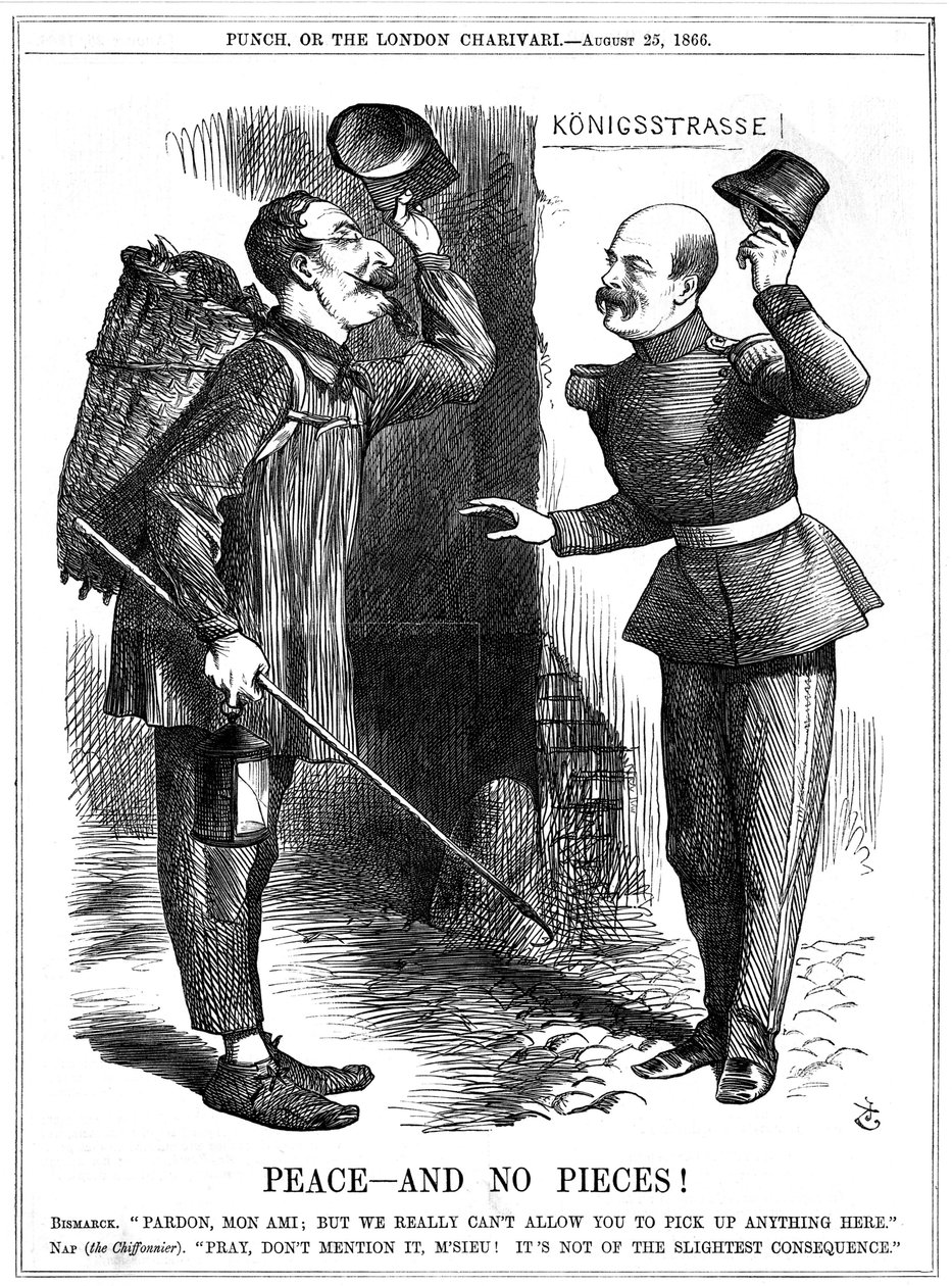 Napoleon III., francouzský císař 1852-1870, oblečený jako hadr (Chiffonnier), varován Otto von Bismarckem, pruským kancléřem. Napoleonovy územní ambice vedly k francouzsko-pruské válce v letech 1870-71. Karikatura Johna Tenniela z Punch, Londýn, 25. srpna od John Tenniel