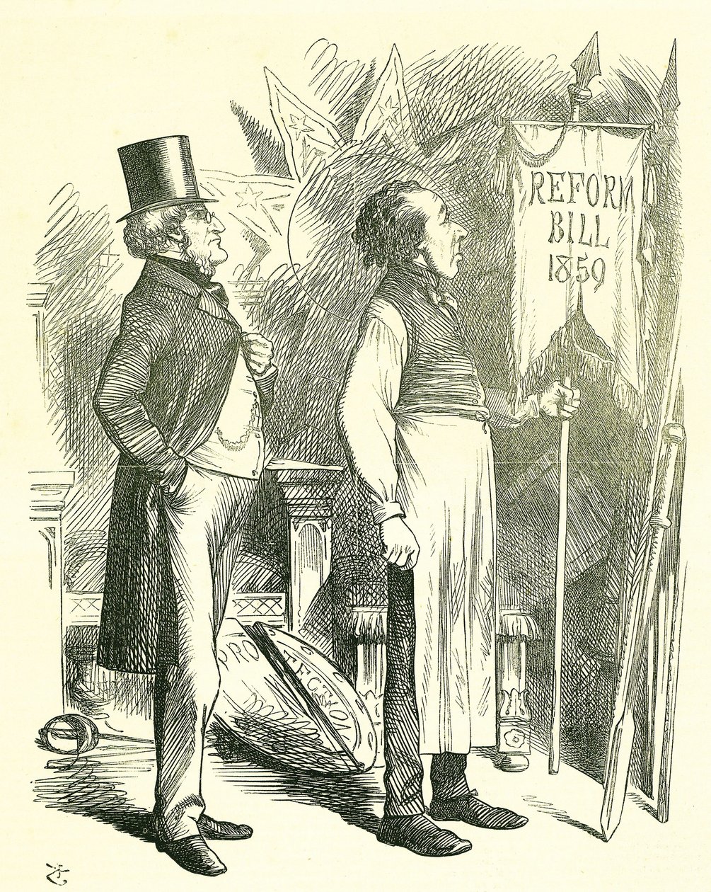 Politická ekonomie: Reforma parlamentu - rozšíření franšízy. Disraeli (kancléř) a Derby (premiér) oprašují reformní zákon. V roce 1867 Disraeli představil nový zákon. John Tenniel karikatura z Punch, Londýn od John Tenniel