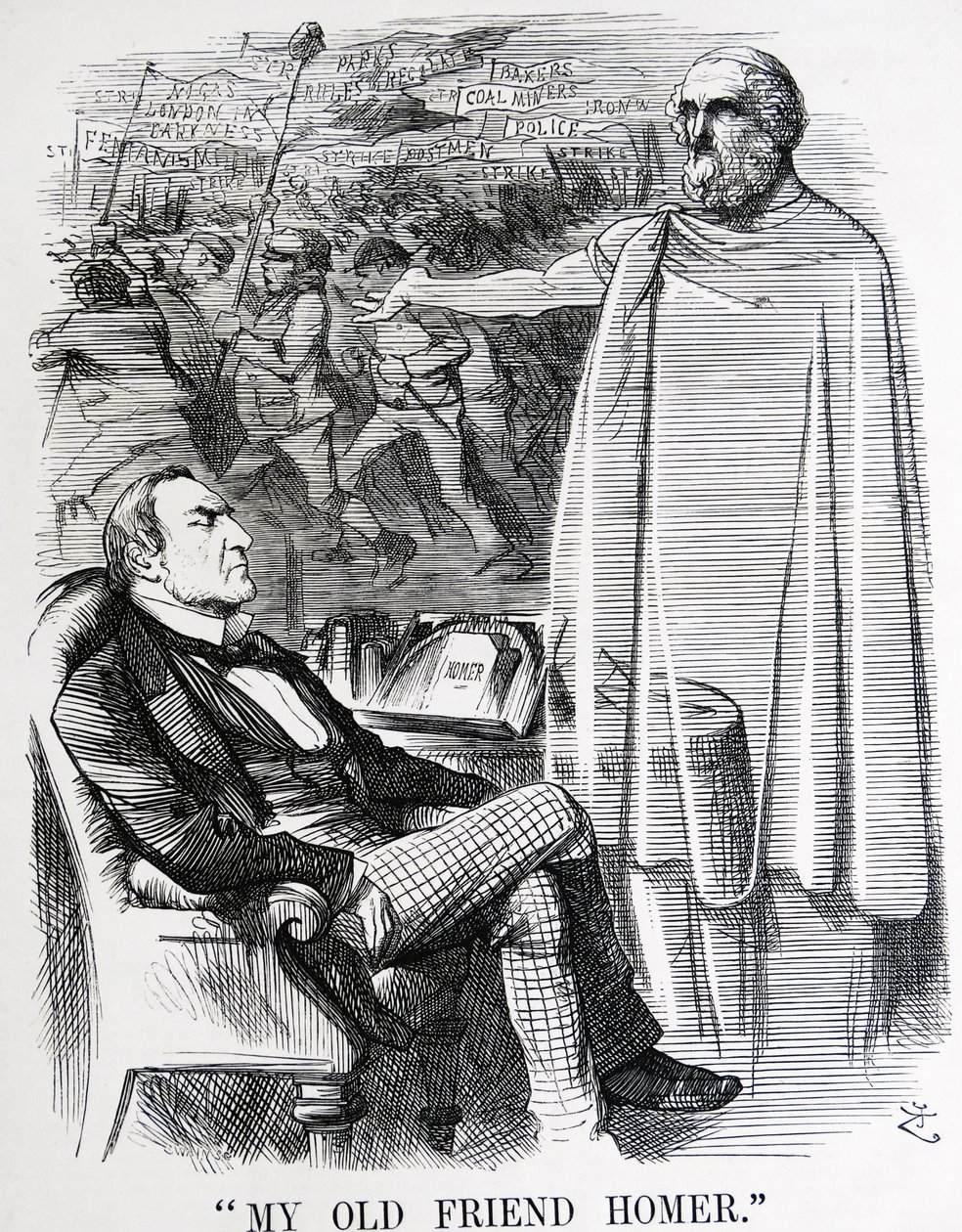 Politická satira zobrazující Williama Ewarta Gladstonea a jeho „starého přítele Homera“ od John Tenniel
