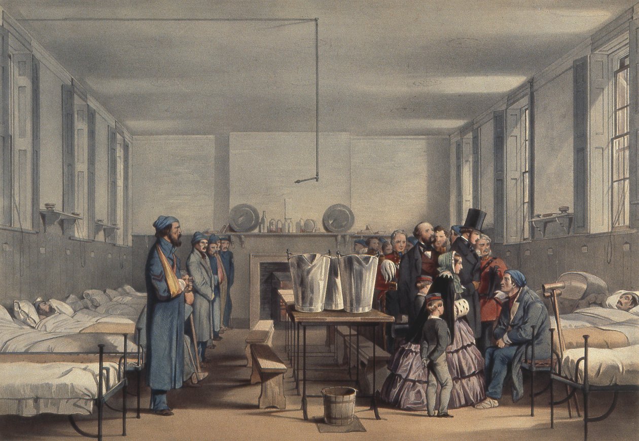 Královna Viktorie a princ Albert na návštěvě u vojáků zraněných v krymské válce v nemocnici Brompton, Chatham, 1855 od John Tenniel