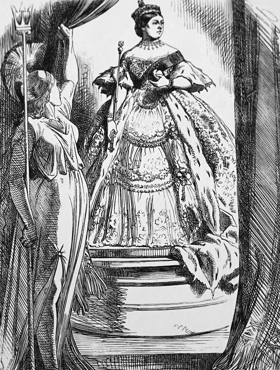 Britannia vyzvala královnu Viktorii, aby se po dlouhém smutku vrátila na svět od John Tenniel
