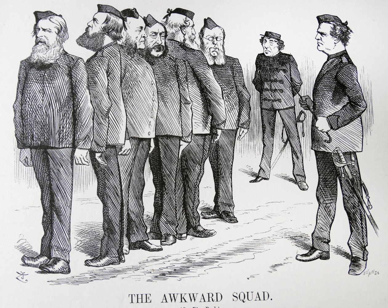NETRAPNÁ DRUŽINA. Karikatura John Tenniel. Potíže, které měl Disraeli s různými názory ve svém kabinetu na politiku rusko-turecké války od John Tenniel