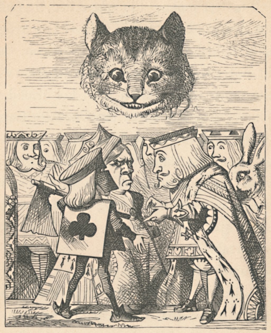 Cheshire Cat shlíží na Rudého krále a královnu, kteří se hádají, 1889 od John Tenniel