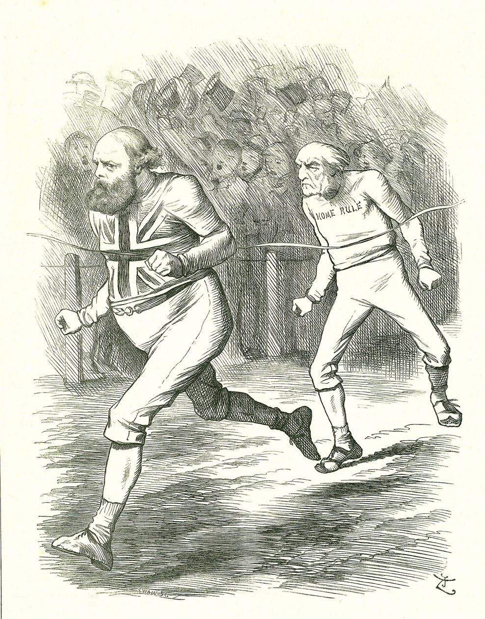 Konec: Všeobecné volby 1886. Gladstone (liberální) odjel do země kvůli svému zákonu o domově vládě pro Irsko. Salisbury (konzervativní opozice) poráží Gladstone až na cílové čáře. John Tenniel karikatura z Punch, Londýn od John Tenniel