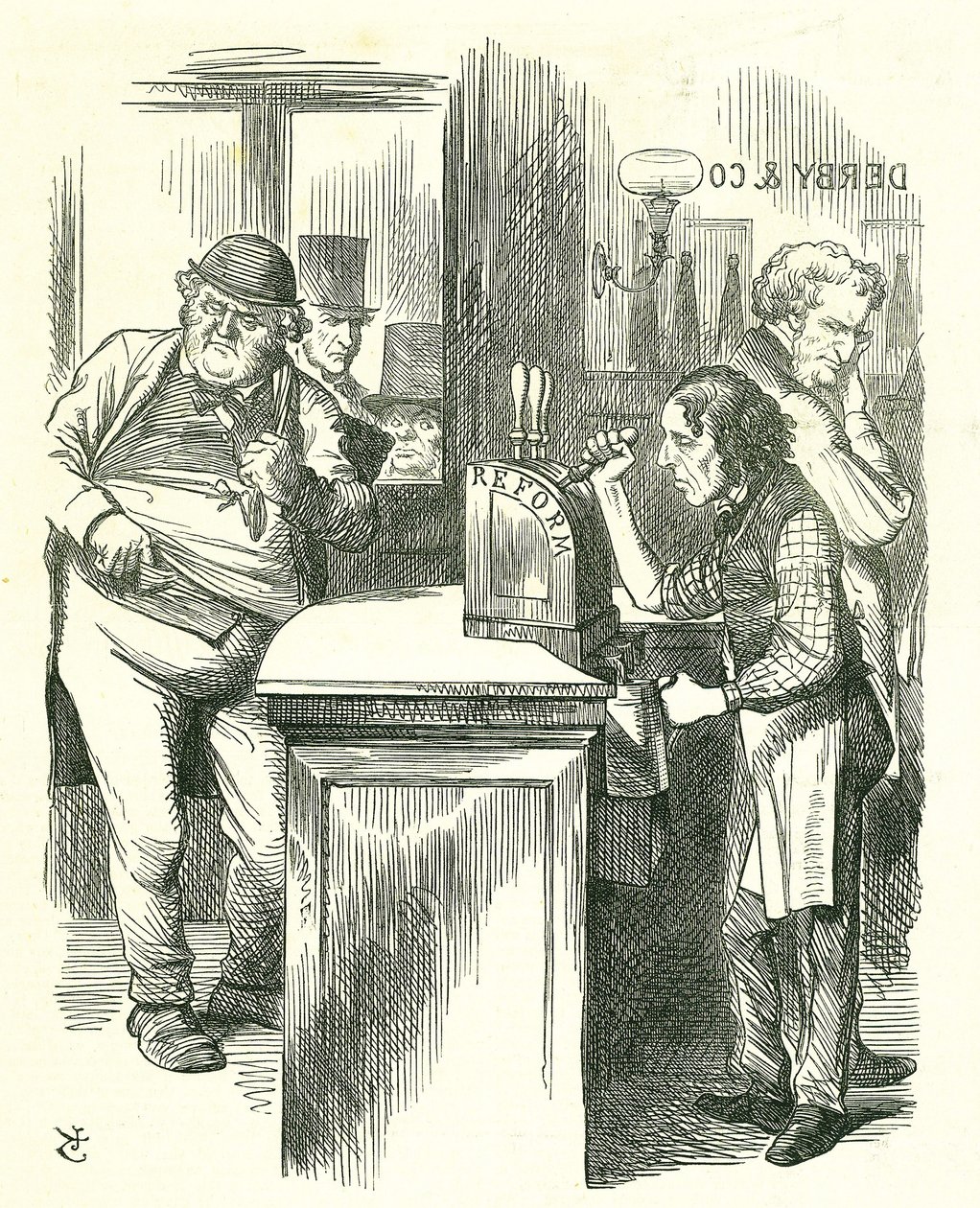 The Honest Pot Boy: Reform of Parliament - rozšíření franšízy. Disraeli podávající reformu Johnu Bullovi sledovala jeho parlamentní opozice. Představil a nesl svůj reformní zákon. Tenniel karikatura z Punch, Londýn od John Tenniel
