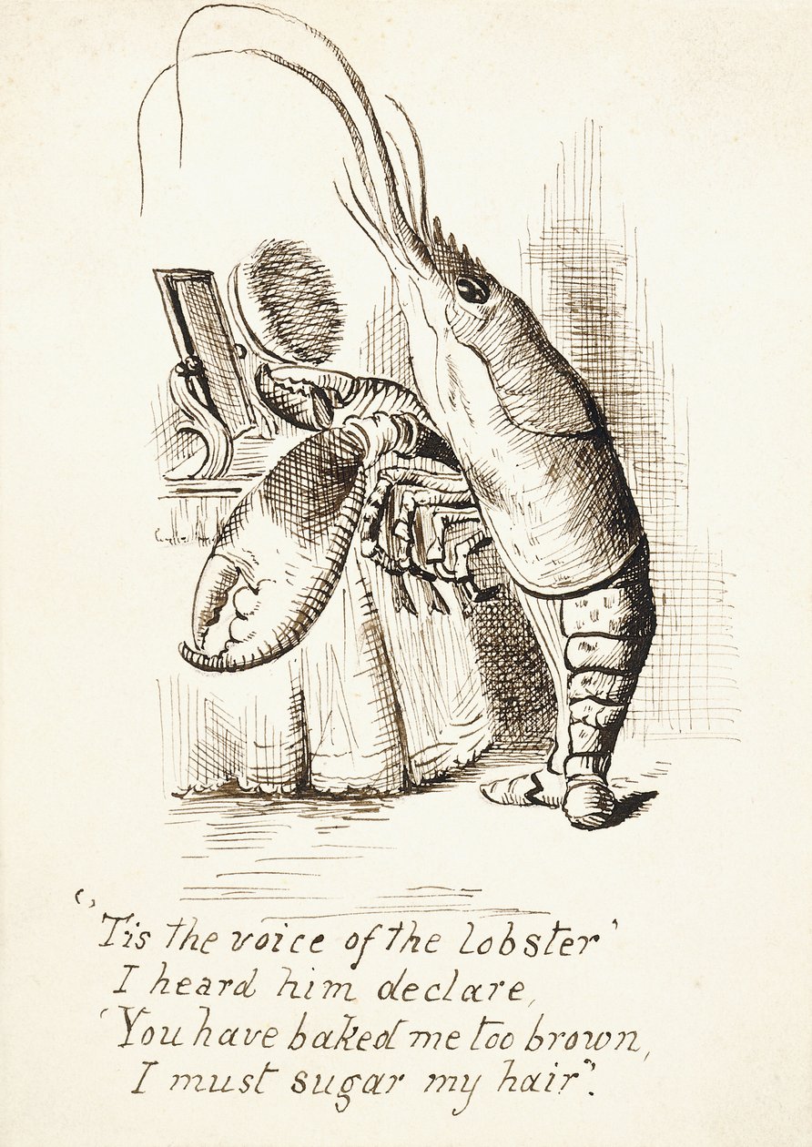 Humr s kartáčem na vlasy v drápu stojící před toaletním stolkem, se 4 řadami veršů, kolem roku 1865 (pero a hnědý inkoust) od John Tenniel